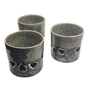 Set of 3 Vintage Japanese Somayaki Green Crackle Glaze Double Wall Heart Tea Cup